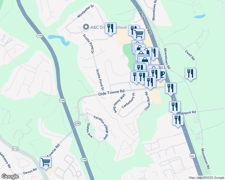 map of restaurants, bars, coffee shops, grocery stores, and more near 5483 Olde Towne Road in Williamsburg