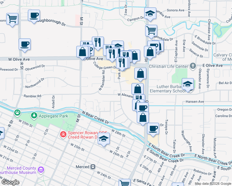 map of restaurants, bars, coffee shops, grocery stores, and more near 301 West Alexander Avenue in Merced