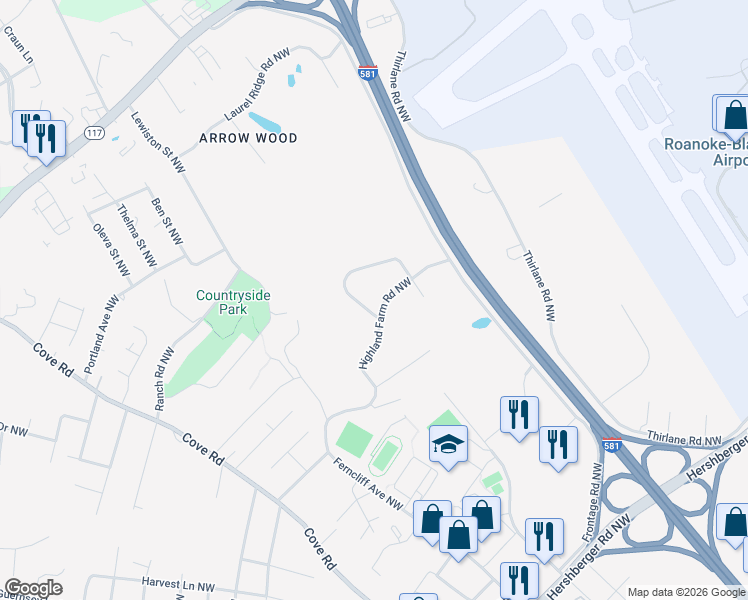map of restaurants, bars, coffee shops, grocery stores, and more near 2312 Highland Farm Road Northwest in Roanoke