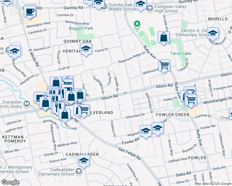 map of restaurants, bars, coffee shops, grocery stores, and more near 3299 Janelle Drive in San Jose