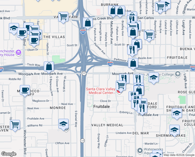 map of restaurants, bars, coffee shops, grocery stores, and more near 625 Empey Way in San Jose