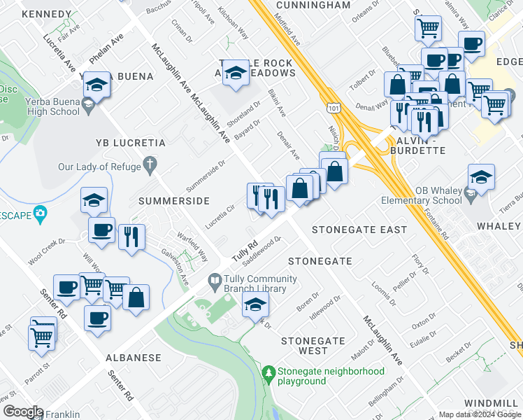 map of restaurants, bars, coffee shops, grocery stores, and more near 2418 Balme Drive in San Jose