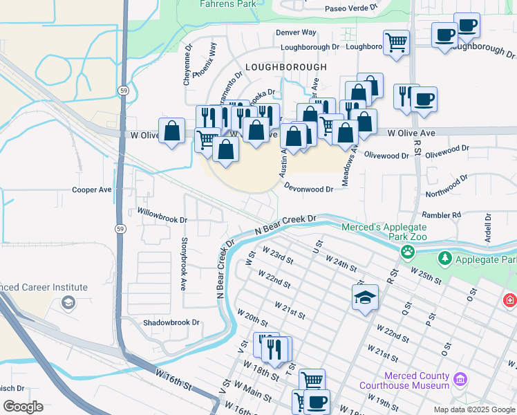 map of restaurants, bars, coffee shops, grocery stores, and more near 2971 Dillon Lane in Merced