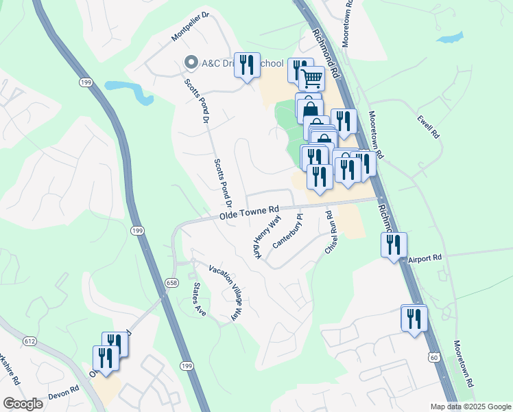 map of restaurants, bars, coffee shops, grocery stores, and more near 5483 Olde Towne Rd in Williamsburg