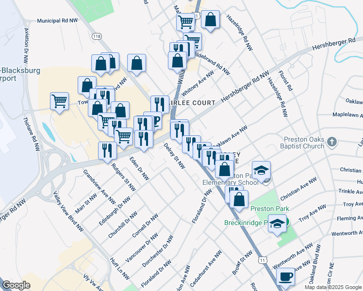 map of restaurants, bars, coffee shops, grocery stores, and more near 4818 Lee Highway in Roanoke