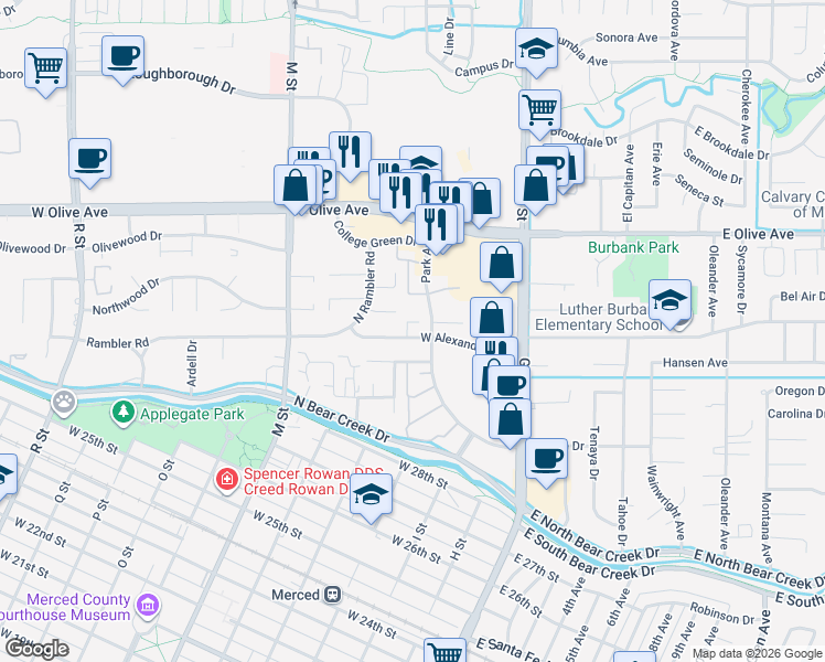 map of restaurants, bars, coffee shops, grocery stores, and more near 301 West Alexander Avenue in Merced