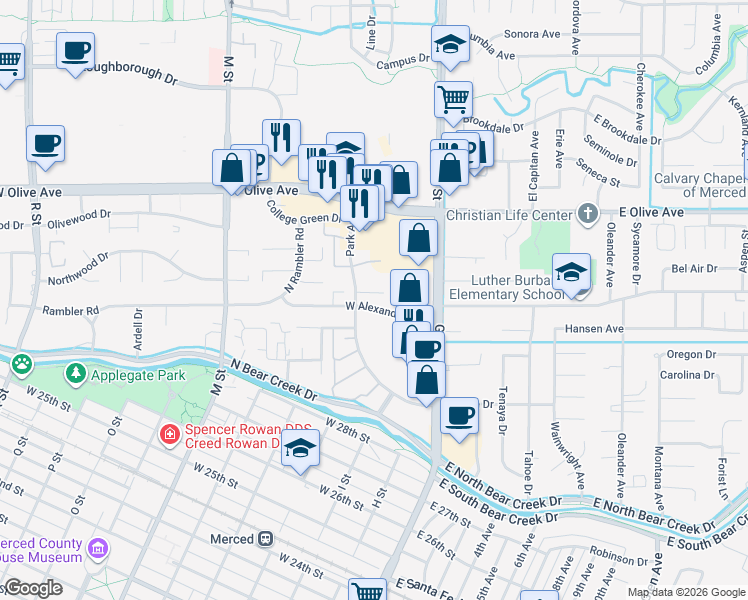 map of restaurants, bars, coffee shops, grocery stores, and more near 141 West Alexander Avenue in Merced