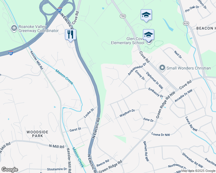 map of restaurants, bars, coffee shops, grocery stores, and more near 5719 Deputy Drive in Roanoke