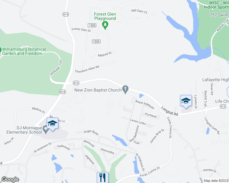 map of restaurants, bars, coffee shops, grocery stores, and more near 5505 Burlington Lane in Williamsburg