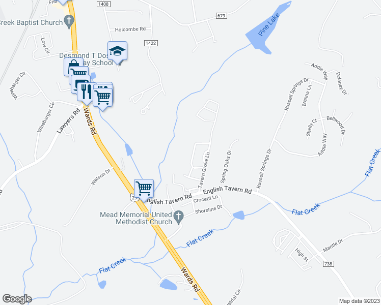 map of restaurants, bars, coffee shops, grocery stores, and more near 104 Old Tavern Circle in Lynchburg