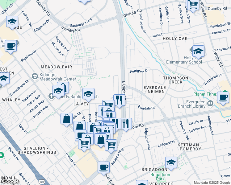 map of restaurants, bars, coffee shops, grocery stores, and more near 2889 Moss Hollow Drive in San Jose