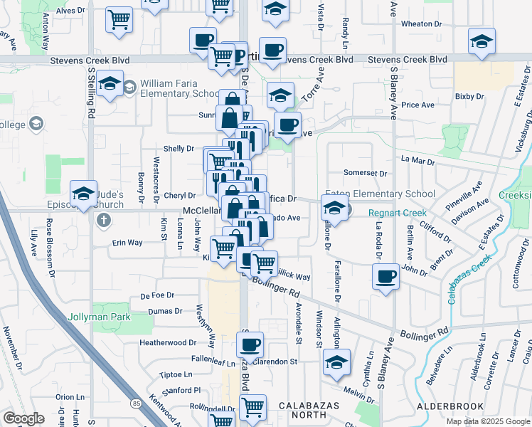 map of restaurants, bars, coffee shops, grocery stores, and more near 20425 Silverado Avenue in Cupertino