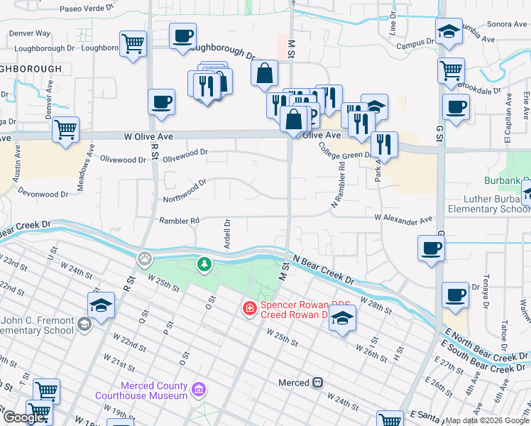 map of restaurants, bars, coffee shops, grocery stores, and more near 645 Rambler Road in Merced