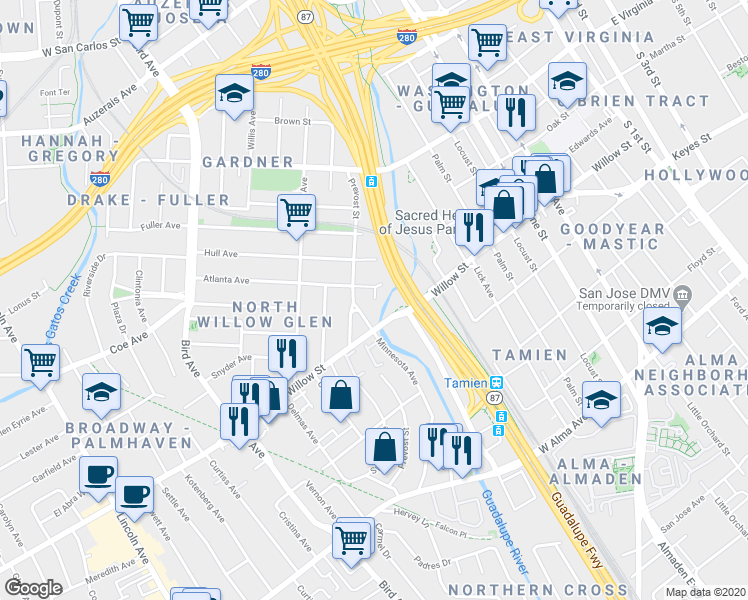 map of restaurants, bars, coffee shops, grocery stores, and more near 998 Mills Court in San Jose