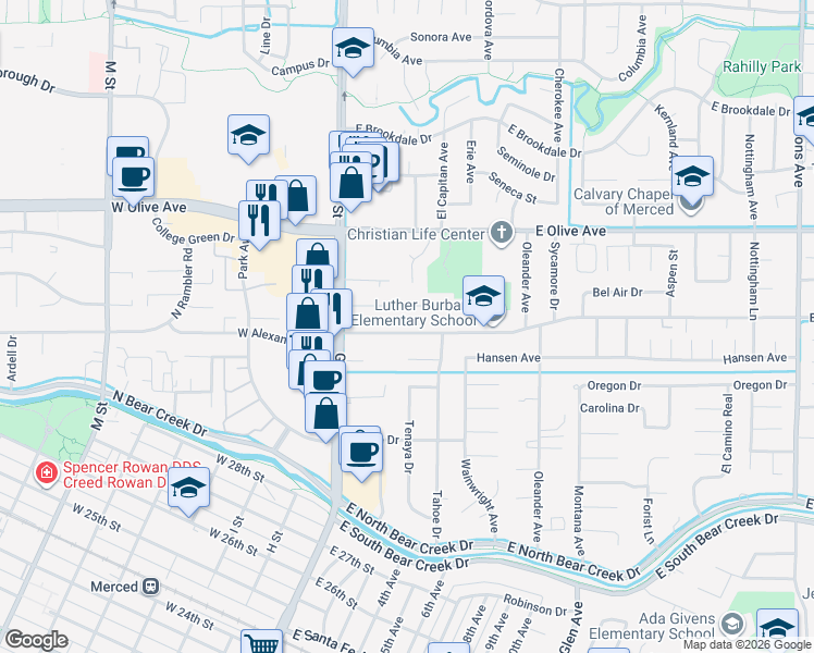 map of restaurants, bars, coffee shops, grocery stores, and more near 289 East Alexander Avenue in Merced