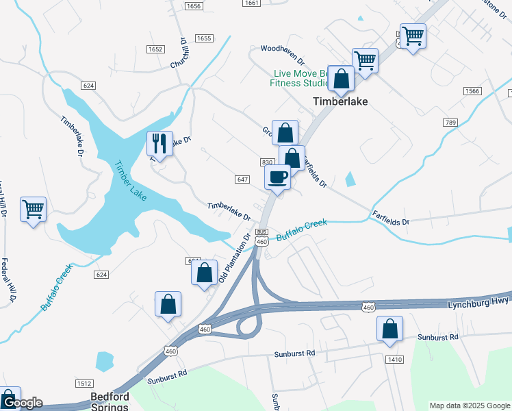 map of restaurants, bars, coffee shops, grocery stores, and more near 22763 Timberlake Road in Lynchburg