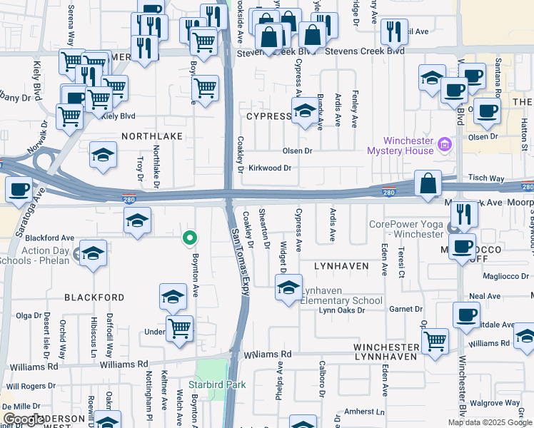 map of restaurants, bars, coffee shops, grocery stores, and more near 634 Shearton Drive in San Jose