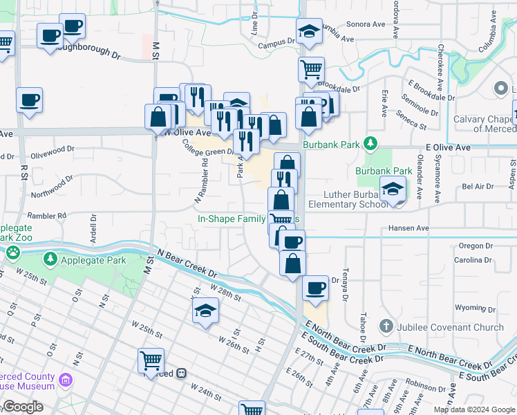 map of restaurants, bars, coffee shops, grocery stores, and more near 127 West Alexander Avenue in Merced