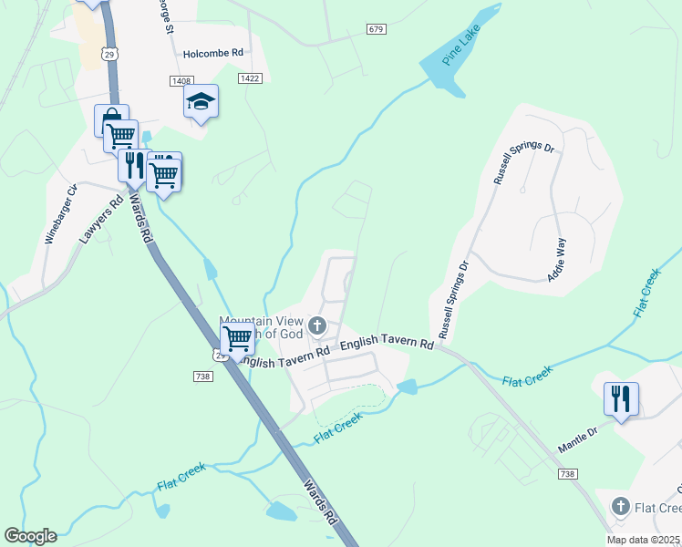map of restaurants, bars, coffee shops, grocery stores, and more near 36 Lawton Circle in Lynchburg