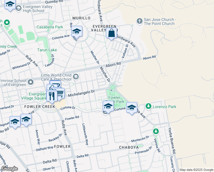 map of restaurants, bars, coffee shops, grocery stores, and more near 3363 Michelangelo Drive in San Jose