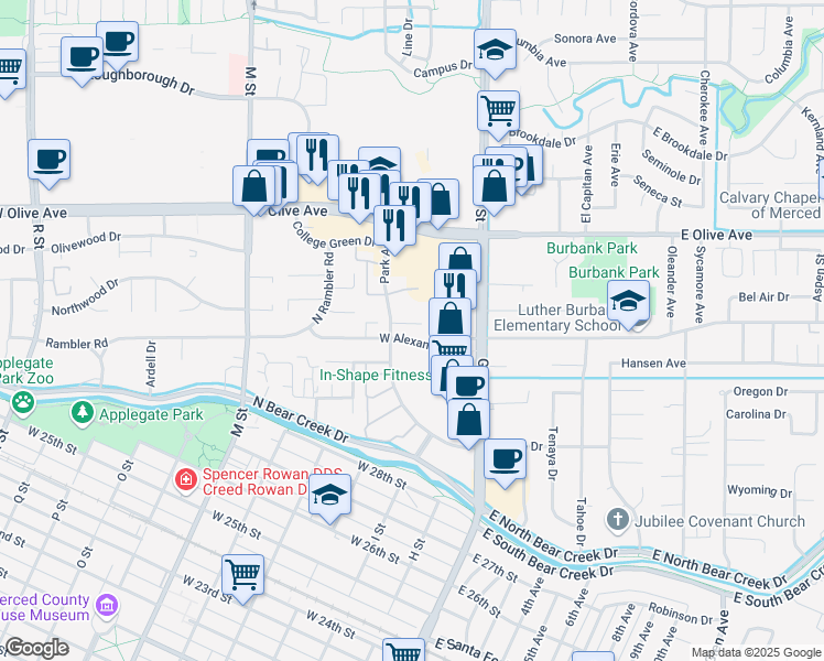 map of restaurants, bars, coffee shops, grocery stores, and more near 135 West Alexander Avenue in Merced