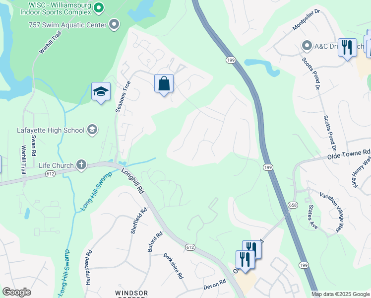 map of restaurants, bars, coffee shops, grocery stores, and more near 122 Mattaponi Trail in Williamsburg