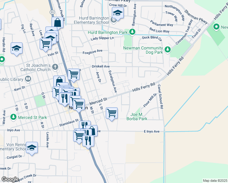 map of restaurants, bars, coffee shops, grocery stores, and more near 1425 Eucalyptus Avenue in Newman