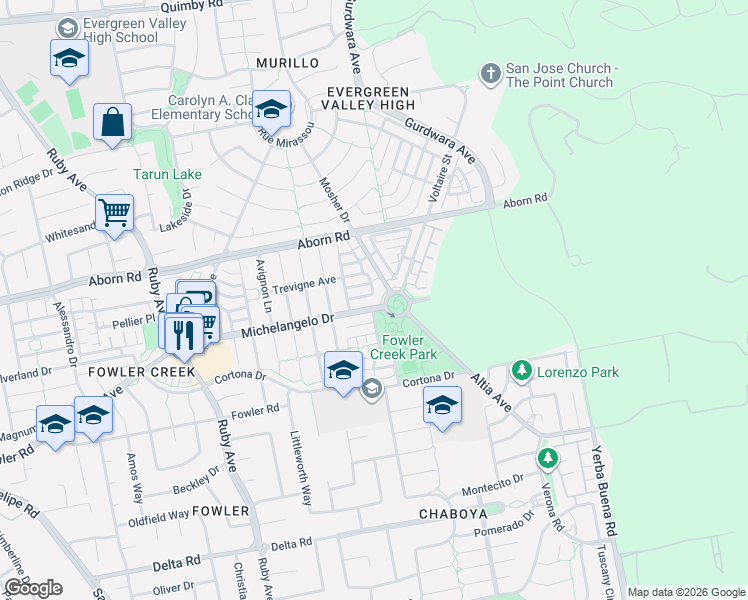 map of restaurants, bars, coffee shops, grocery stores, and more near 3363 Michelangelo Drive in San Jose