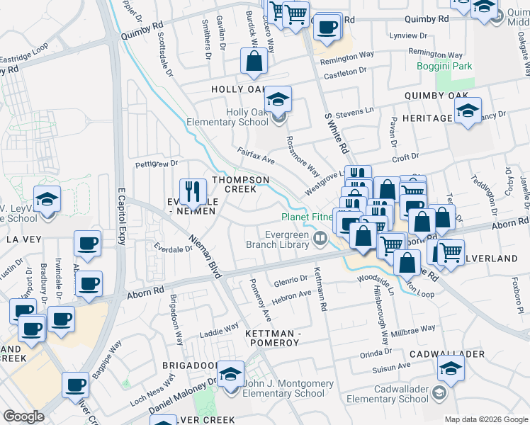map of restaurants, bars, coffee shops, grocery stores, and more near 2378 Renfield Way in San Jose