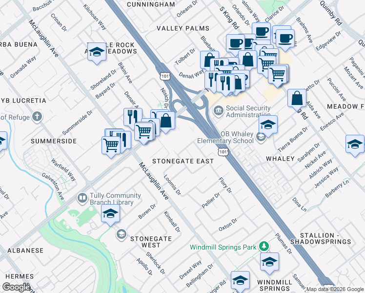 map of restaurants, bars, coffee shops, grocery stores, and more near 2474 Roslyn Court in San Jose
