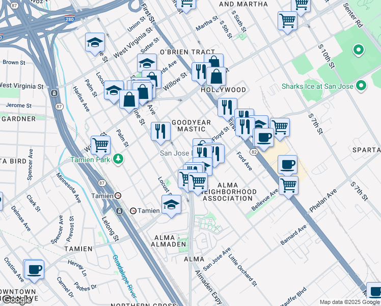 map of restaurants, bars, coffee shops, grocery stores, and more near 1298 Plum Street in San Jose