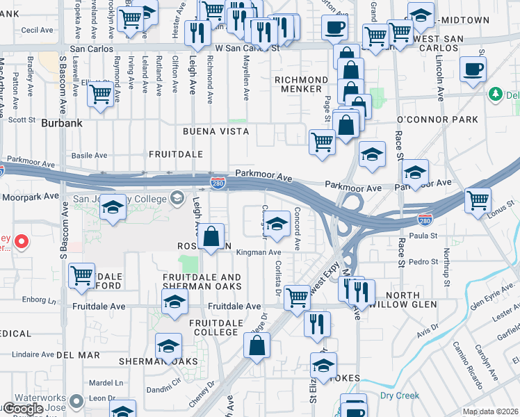 map of restaurants, bars, coffee shops, grocery stores, and more near 1576 Vía Pisa in San Jose
