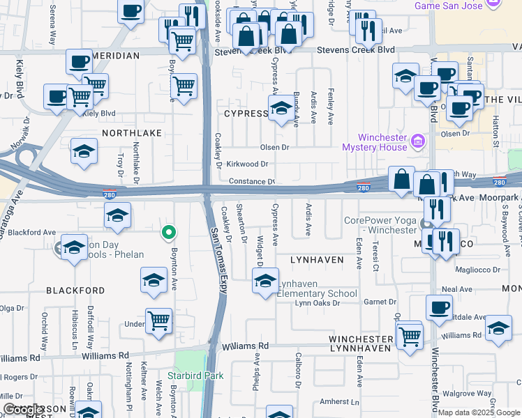 map of restaurants, bars, coffee shops, grocery stores, and more near 3510 Moorpark Avenue in San Jose