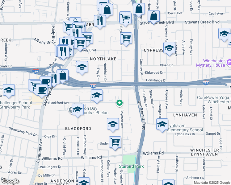 map of restaurants, bars, coffee shops, grocery stores, and more near 3718 Moorpark Avenue in San Jose