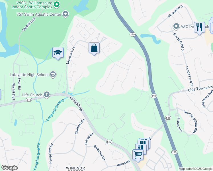 map of restaurants, bars, coffee shops, grocery stores, and more near 122 Mattaponi Trail in Williamsburg