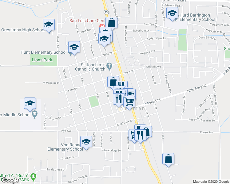 map of restaurants, bars, coffee shops, grocery stores, and more near 1313 Main Street in Newman