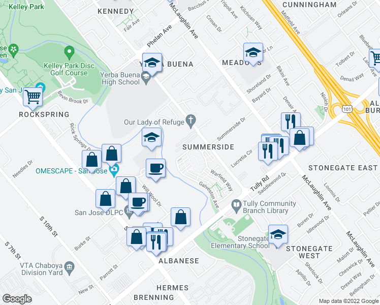 map of restaurants, bars, coffee shops, grocery stores, and more near 929 Summerside Drive in San Jose