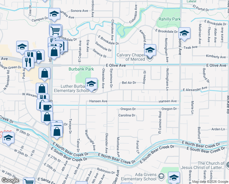 map of restaurants, bars, coffee shops, grocery stores, and more near 890 East Alexander Avenue in Merced