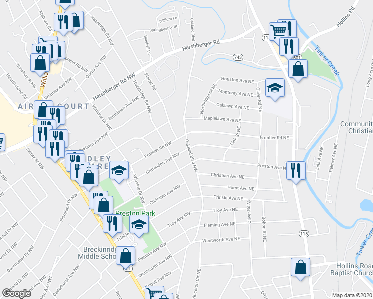 map of restaurants, bars, coffee shops, grocery stores, and more near 3434 Crittendon Avenue Northwest in Roanoke