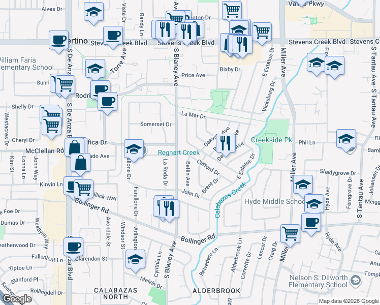 map of restaurants, bars, coffee shops, grocery stores, and more near 6751 Clifford Drive in Cupertino
