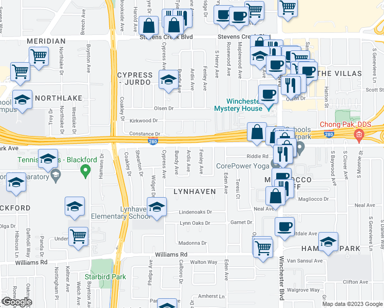 map of restaurants, bars, coffee shops, grocery stores, and more near 620 Ardis Avenue in San Jose