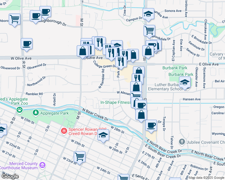 map of restaurants, bars, coffee shops, grocery stores, and more near 301 West Alexander Avenue in Merced