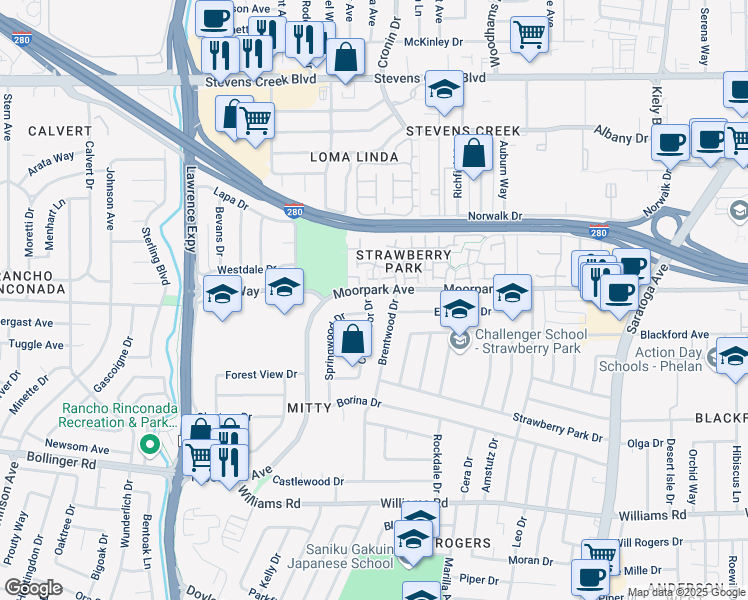 map of restaurants, bars, coffee shops, grocery stores, and more near 618 Crestmoor Drive in San Jose