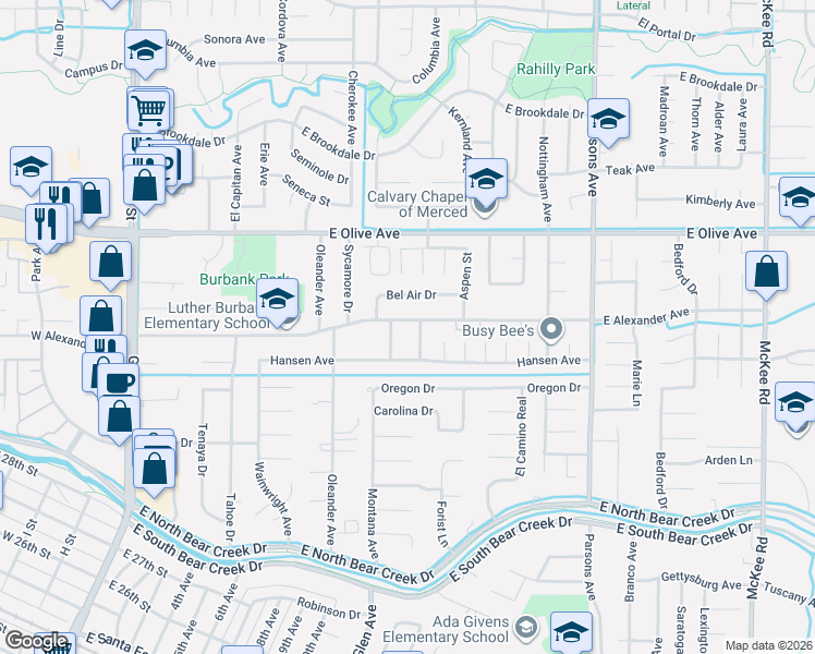 map of restaurants, bars, coffee shops, grocery stores, and more near 1056 East Alexander Avenue in Merced