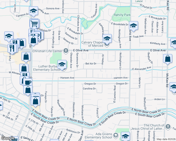 map of restaurants, bars, coffee shops, grocery stores, and more near 1026 East Alexander Avenue in Merced