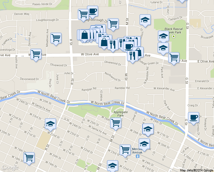 map of restaurants, bars, coffee shops, grocery stores, and more near 725 Rambler Road in Merced