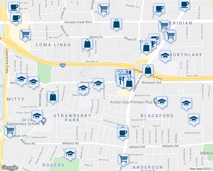 map of restaurants, bars, coffee shops, grocery stores, and more near 626 Pinewood Drive in San Jose