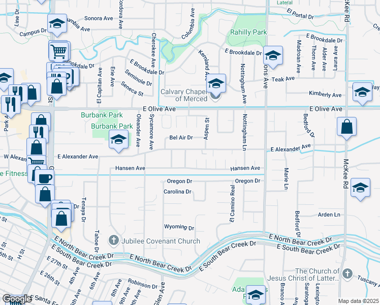 map of restaurants, bars, coffee shops, grocery stores, and more near 1134 East Alexander Avenue in Merced