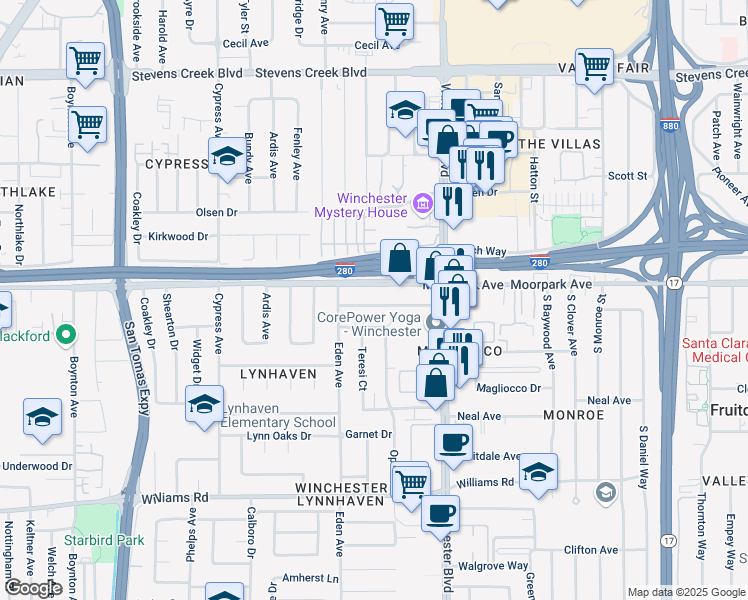 map of restaurants, bars, coffee shops, grocery stores, and more near 3201 Riddle Road in San Jose