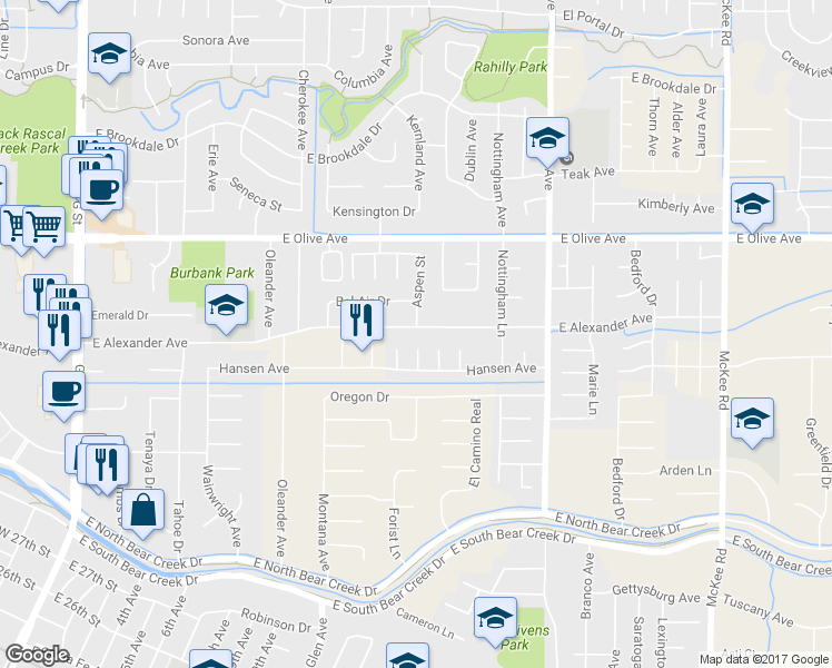 map of restaurants, bars, coffee shops, grocery stores, and more near 1240 East Alexander Avenue in Merced